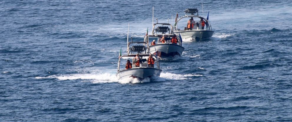 PHOTO: US Navy photo of three Iranian Revolutionary Guard small craft that intercepted the U.S. Navy destroyer USS Nitze near the Strait of Hormuz on August 23, 2016.