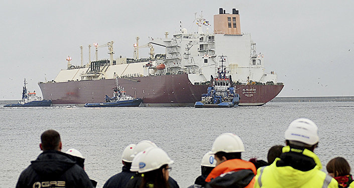 In this file photo taken Dec. 11, 2015 at the Baltic port of Swinoujscie, Poland, the giant liquefied natural gas tanker Al Nuaman, carrying some 200,000 cubic meters of liquefied gas from Qatar, arrives in Swonoujscie, the first delivery to the freshly-built LNG terminal, as Poland seeks to cut its dependence on gas deliveries from Russia