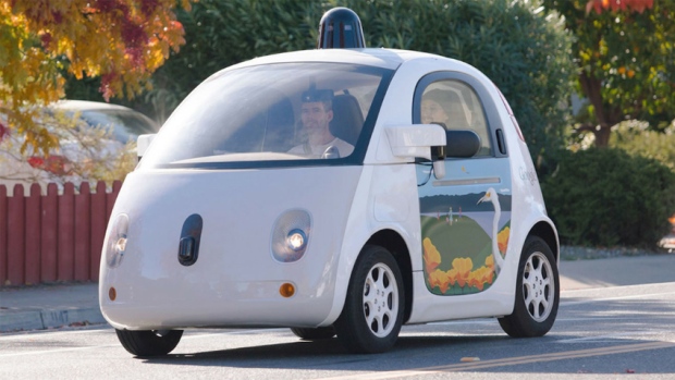 The Google Waymo autonomous test car on the streets of Mountain View, California.