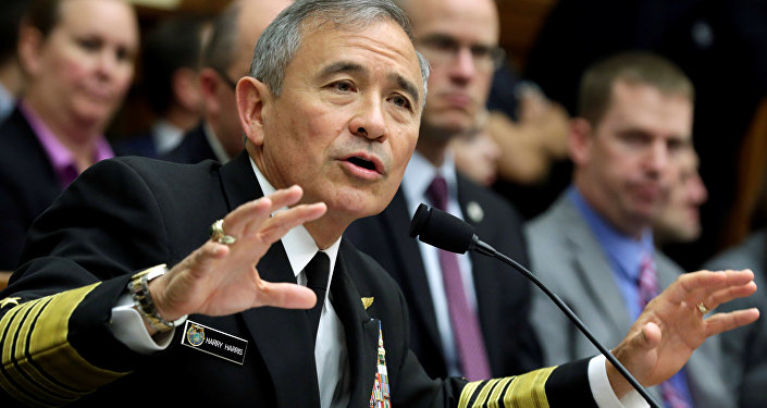 The Commander of the U.S. Pacific Command, Admiral Harry Harris, testifies before a House Armed Services Committee hearing on Military Assessment of the Security Challenges in the Indo-Asia-Pacific Region on Capitol Hill in Washington, U.S, April 26, 2017