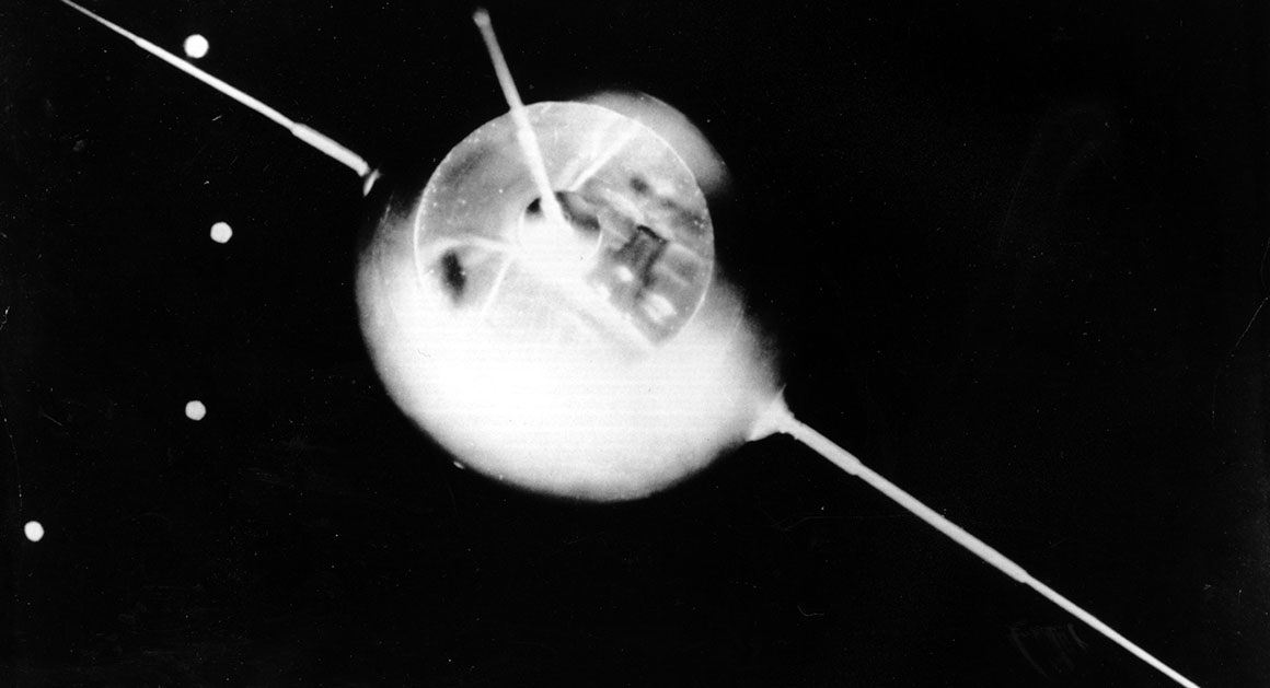 A model of the Soviet Earth satellite Sputnik 1 is on display at the Prague Czechoslovakia exhibition on Oct. 7, 1957. The actual Sputnik 1 capsule was launched by the Soviet Union three days earlier, starting the first space race with the United States.