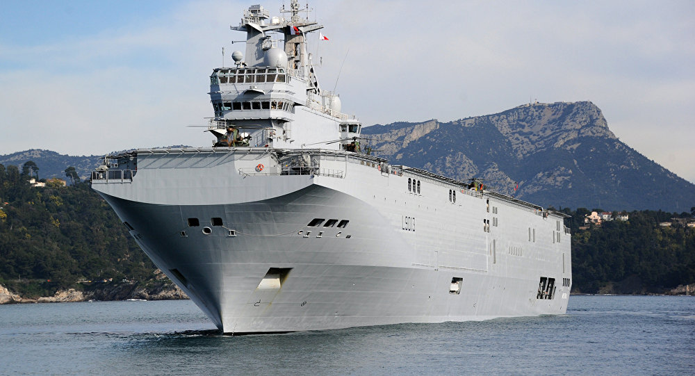 The French Mistral high-tech amphibious helicopter carrier assault and command ship is moored on February 18, 2011 in the bay of Toulon, southern France