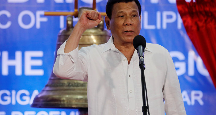 President Rodrigo Duterte speaks at a ceremony marking the return of the three Balangiga bells