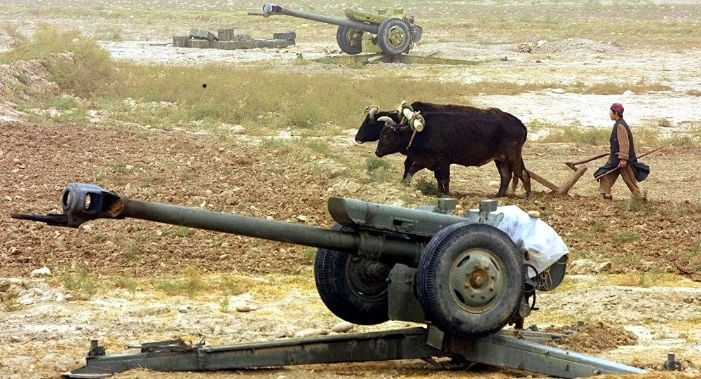 An Afghan peasant ploughs near Soviet-made D-30 howitzers just outside the village of Ai-Khanum, Northern Afghanistan, Friday Nov. 9, 2001.