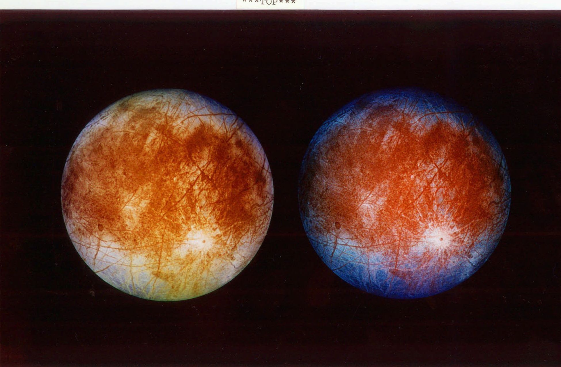 Two views of Jupiter's ice-covered moon, Europa
